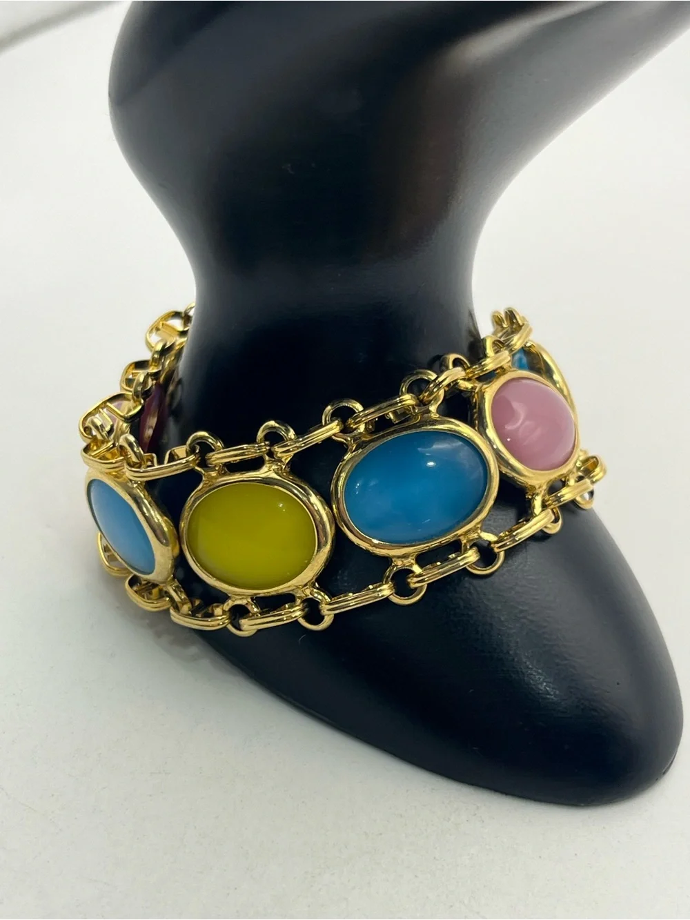 Pale Pink, blue, yellow oval cabochon gold tone vintage chain bracelet
